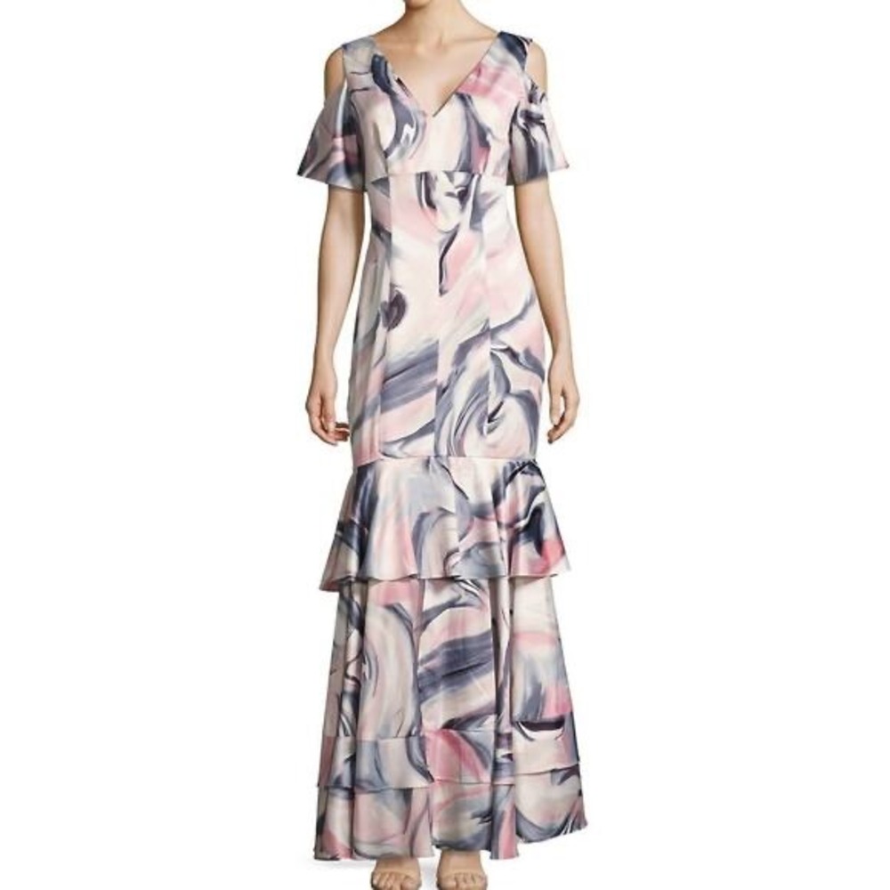 Kay Unger New York Pink Abstract Cold Shoulder Tiered Ruffle Maxi Gown Dress 4